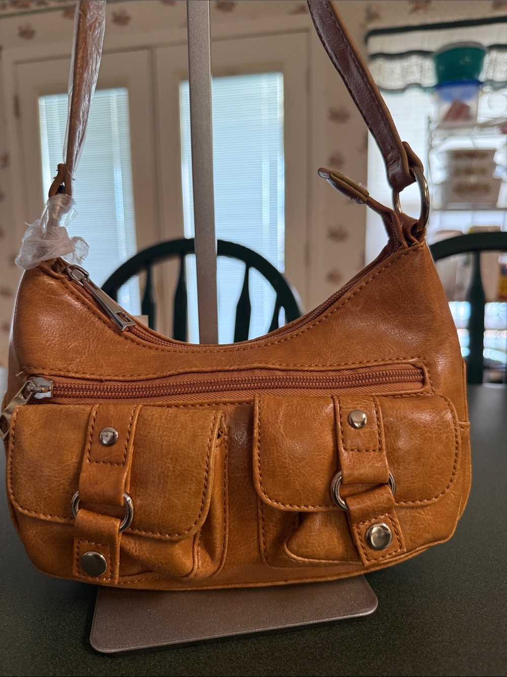 Compact Tan Shoulder Bag with Front Pockets